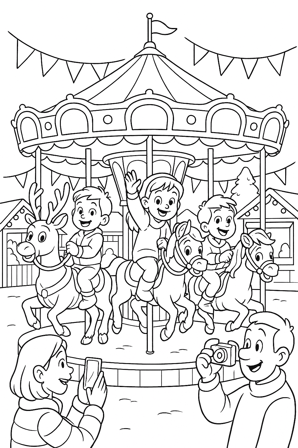 A merry-go-round carousel at the heart of the market, with children riding reindeer and horses, festive banners waving, and parents taking photos.