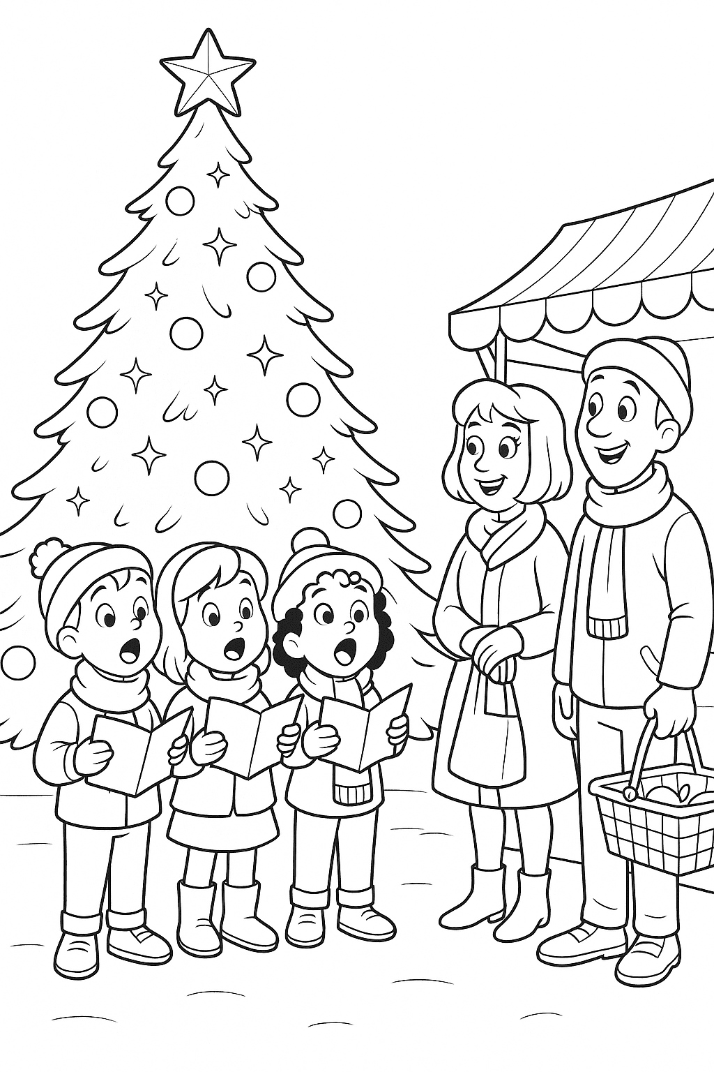 A group of carolers in colorful scarves singing next to a giant glittering Christmas tree, with market shoppers pausing to listen and smile.