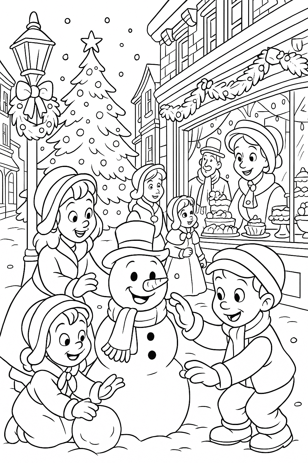 A bustling Victorian street at Christmastime, with children in bonnets and coats building a snowman while families shop for treats at a twinkling bakery window.