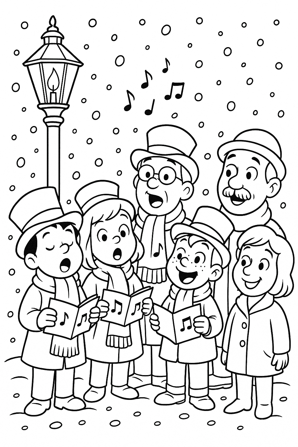 Jolly carolers in top hats and mufflers singing beneath a glowing gas lamp, as snowflakes gently fall and passersby stop to listen and smile.