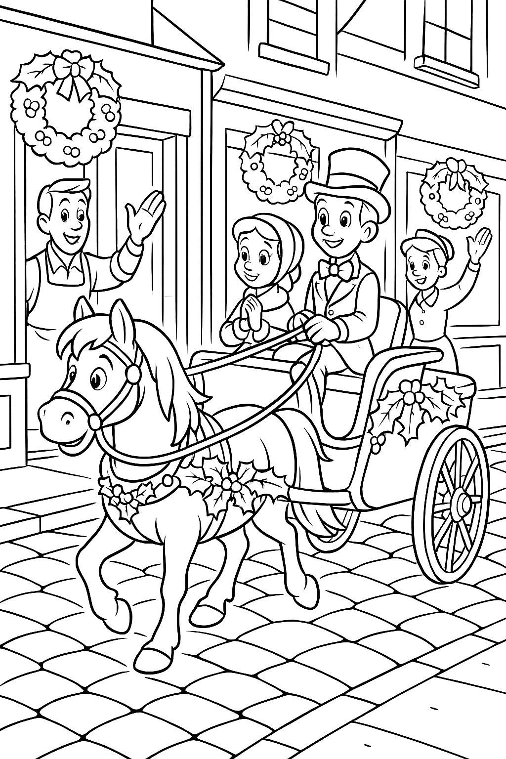 A horse-drawn carriage decorated with holly, clip-clopping down a cobblestone road lined with festive wreaths and shopkeepers waving from their doorways.