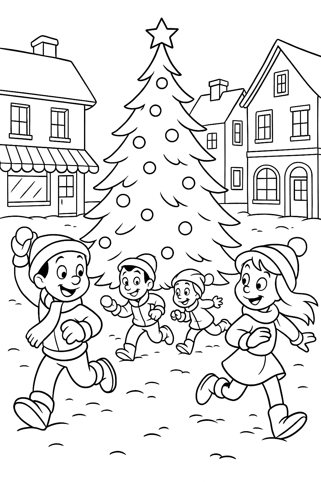 Children tossing snowballs and chasing each other around a tall, trim Christmas tree set in the center of the village square, surrounded by old-fashioned shops.