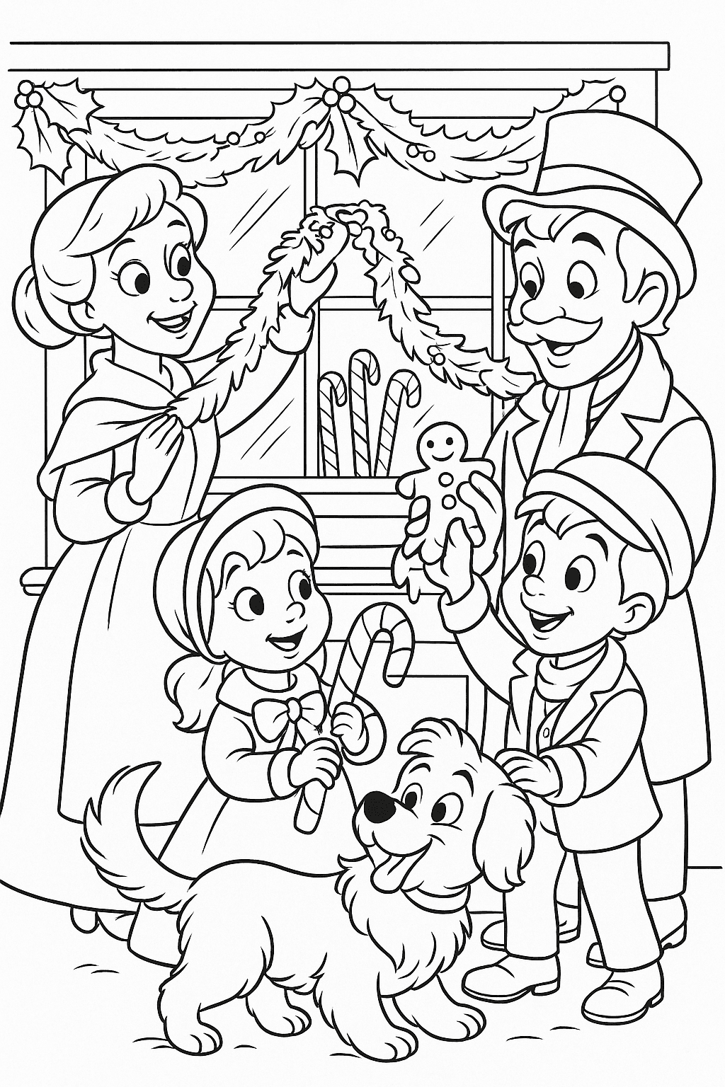 A cozy scene of a Victorian family decorating their shop window with garlands, peppermint sticks, and gingerbread men, while a fluffy dog wags its tail nearby.