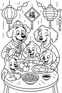 A doggy family gathers for a delicious New Year meal—yum! Can you find all the tasty treats?