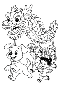 The puppy leads a dragon dance parade—look at those bright colors and happy faces!