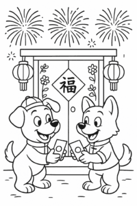 Best doggy pals share lucky red envelopes under sparkling fireworks—what a magical night!