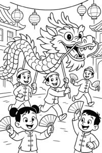 The dragon leaps and twirls, leading a parade under glowing lanterns, while children giggle and wave their fans in the festive air!