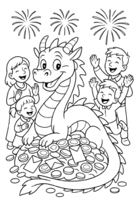 Shiny coins and lucky red envelopes shimmer as a smiling dragon guards the treasures, bringing good luck to all who celebrate nearby.