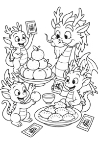 A happy dragon family sets the table with delicious treats, inviting everyone to join the feast and share Lunar New Year cheer.