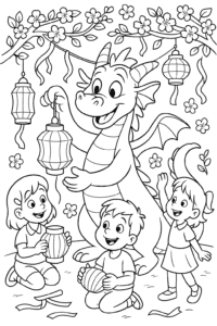 With a gentle smile, the dragon helps children craft bright paper lanterns, filling the scene with color, laughter, and fluttering blossoms.