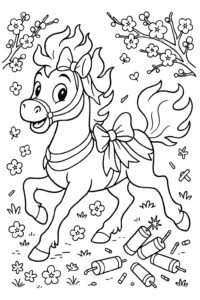 A fancy Fire Horse with shiny ribbons and firecrackers, ready to celebrate in a field of beautiful plum blossoms!