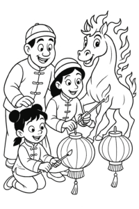 A happy family lights lanterns as the Fire Horse joins in, bringing good luck and smiles to everyone.