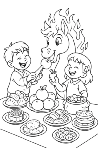 Children and the Fire Horse share yummy snacks and giggles at a festive Lunar New Year feast!