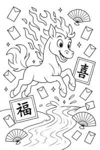 See the Fire Horse leap over a sparkling stream, surrounded by lucky red envelopes and festive banners!