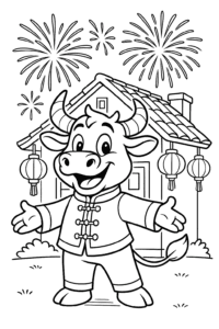 A friendly ox dressed for the festival, standing proudly as lanterns twinkle and fireworks light up the sky.