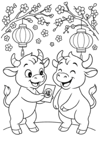 A little ox hands a lucky red envelope to a friend under blossoming trees, spreading happiness and good wishes to everyone.