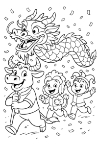 Our brave ox leads a dragon dance, parading down the street with friends and filling the air with excitement and bright confetti.