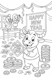 The ox and friends decorate their classroom with colorful crafts, gold coins, and cheerful banners to welcome the New Year.