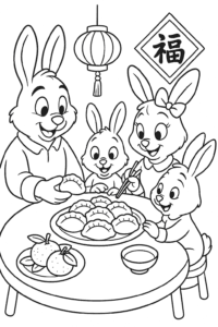 The rabbit family shares a delicious feast of dumplings and sweet fruits for good luck.