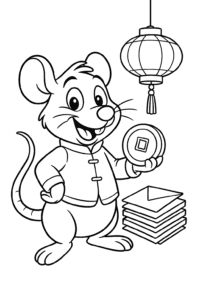 This happy rat is ready for good fortune, sharing red envelopes and gold coins beneath a lantern’s warm glow.