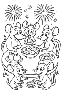 The rat family celebrates together, feasting on festive foods as fireworks light up the night sky.