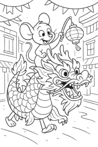 Our adventurous rat joins a dragon parade, leading the way with a lantern through the lively New Year’s streets.