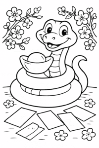 The wise snake shares good fortune with gold, flowers, and lucky red envelopes on this beautiful New Year’s table.