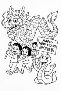 Join the fun as the friendly snake dances along in the parade, waving a banner to wish everyone a Happy New Year!