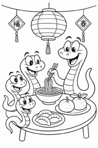 Snake siblings and friends enjoy a feast of traditional treats under glowing lanterns, celebrating togetherness and joy.