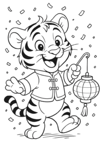 A happy tiger cub lights up the night with a lantern and a big, friendly smile!