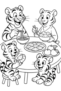 The tiger family shares tasty treats and giggles at their special New Year’s dinner.