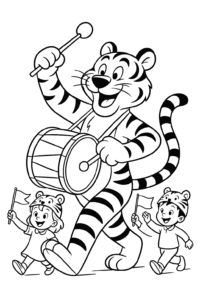 Drumming and marching, the tiger leads a joyful parade through the streets!
