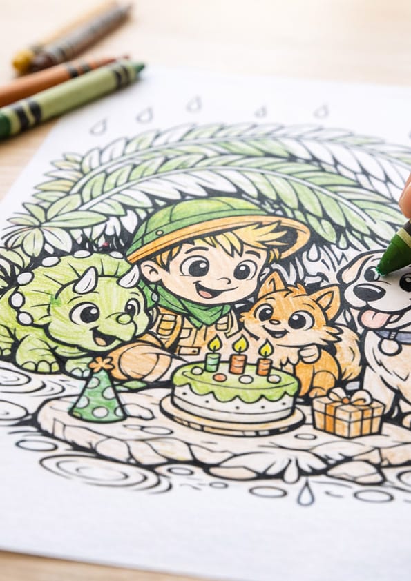 Personalised coloring story book - Dinosaur being coloured in