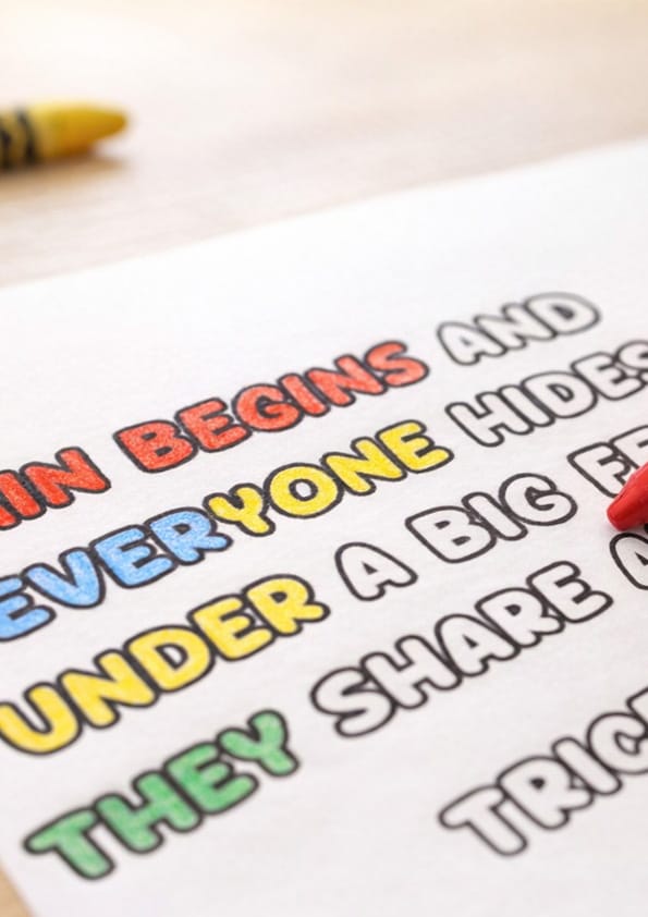 Colouring in of personalised coloring story book lettering